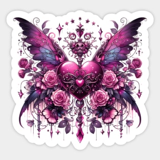 Gothic winged heart and roses Sticker